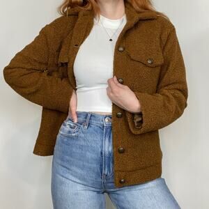 Max Studio Size Small Neutral Brown Retro Style Fleece Teddy Coat Jacket